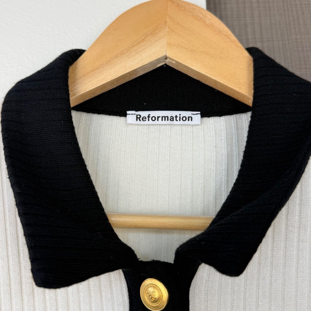 Reformation White Black Aminara Knit Short Sleeve Top Old Money Size Large - Picture 13 of 14